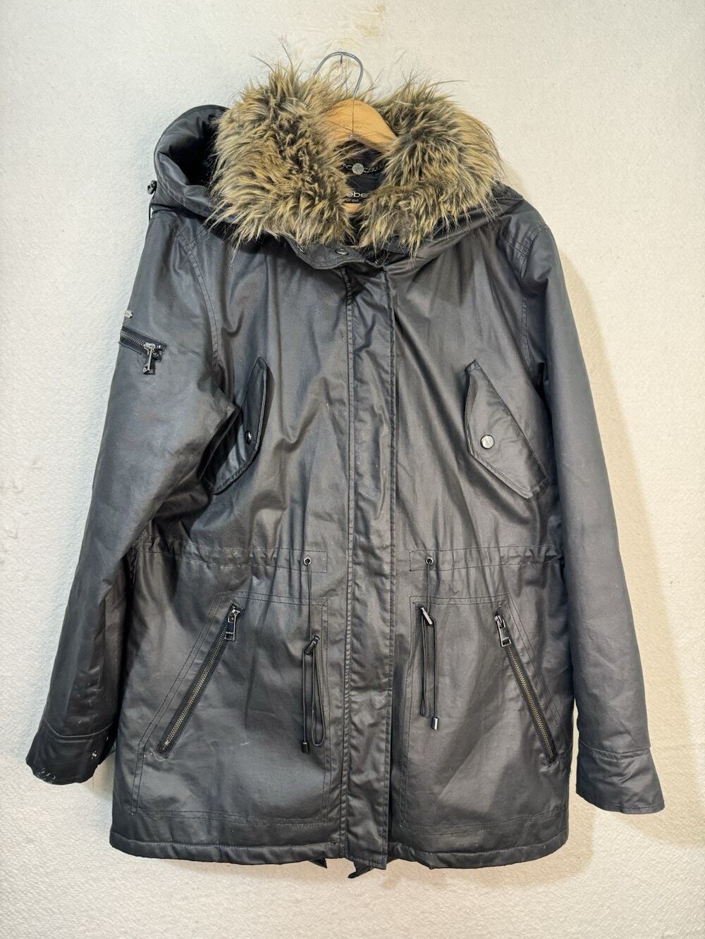 BEBE Black Waxed Winter Utility Parka Jacket Faux Fur Trim Quilted Lining Large